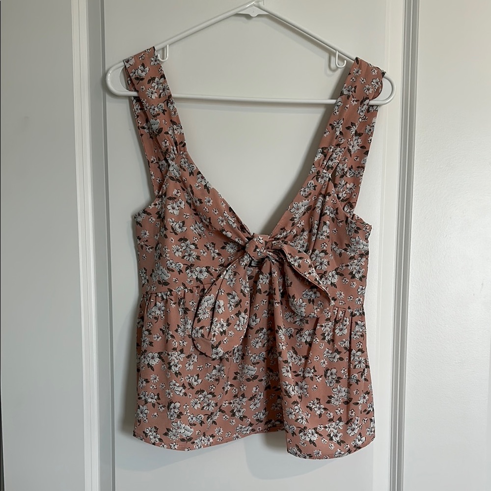 She + Sky Pink Brown Tie Front Peplum Tank Top